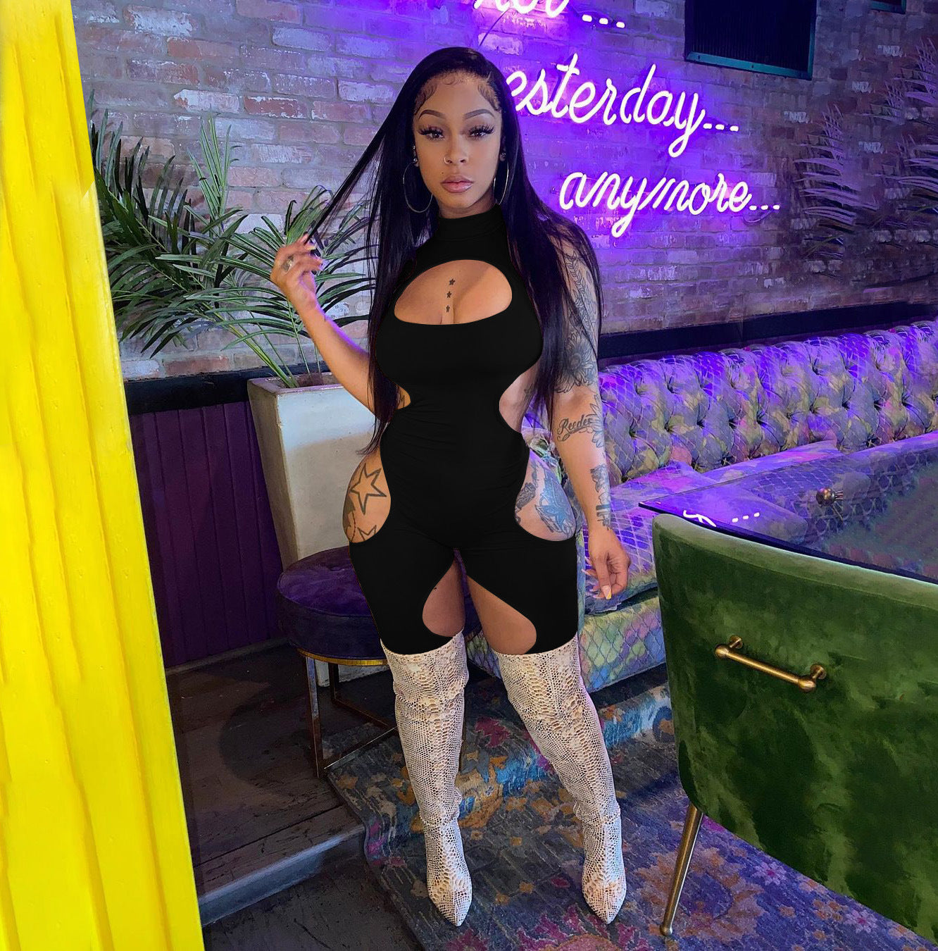 Women's Summer Solid Color Sexy Hollow Short-Sleeve Jumpsuit 6