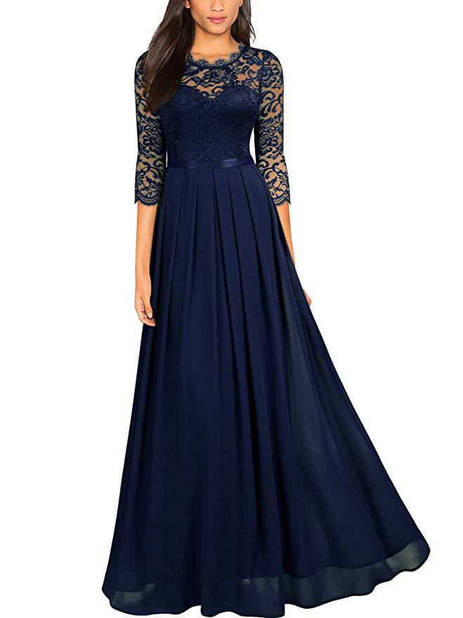 Women Patchwork Chiffon Round Neck Lace Evening Gown 5