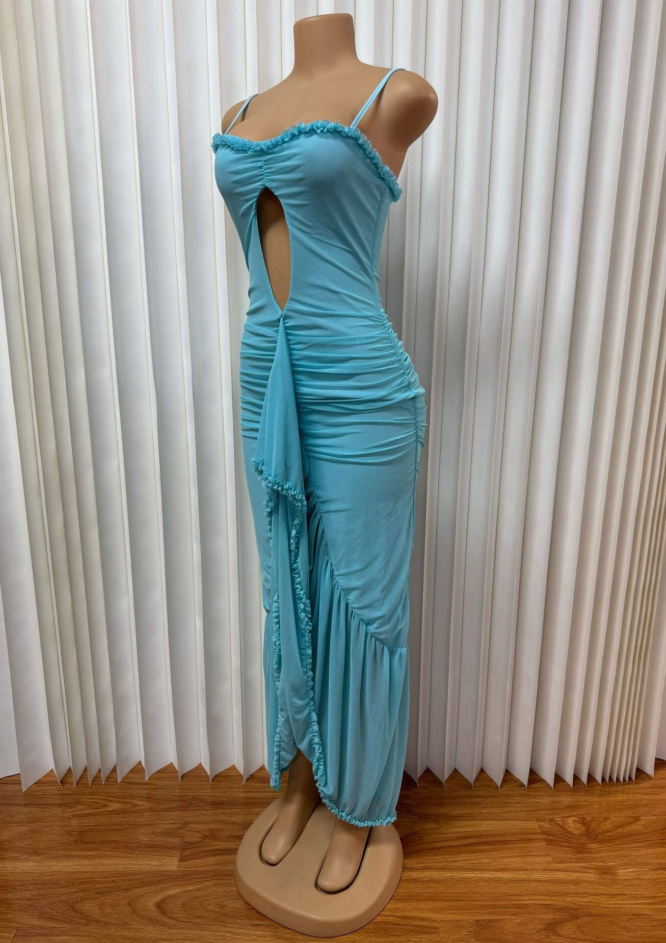 Women French elegant sling hollow ruffle irregular Maxi Dress 7