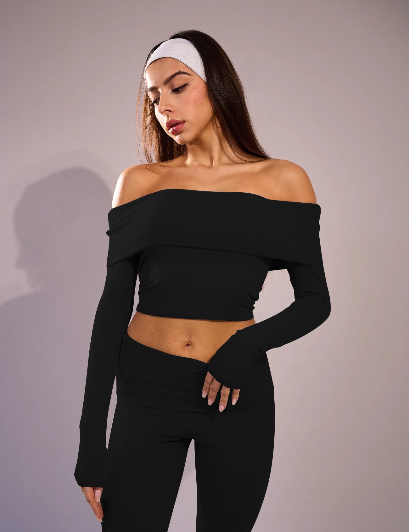 Women Off Shoulder Top Bell Bottom Pants Solid Pants Two-Piece Set 7