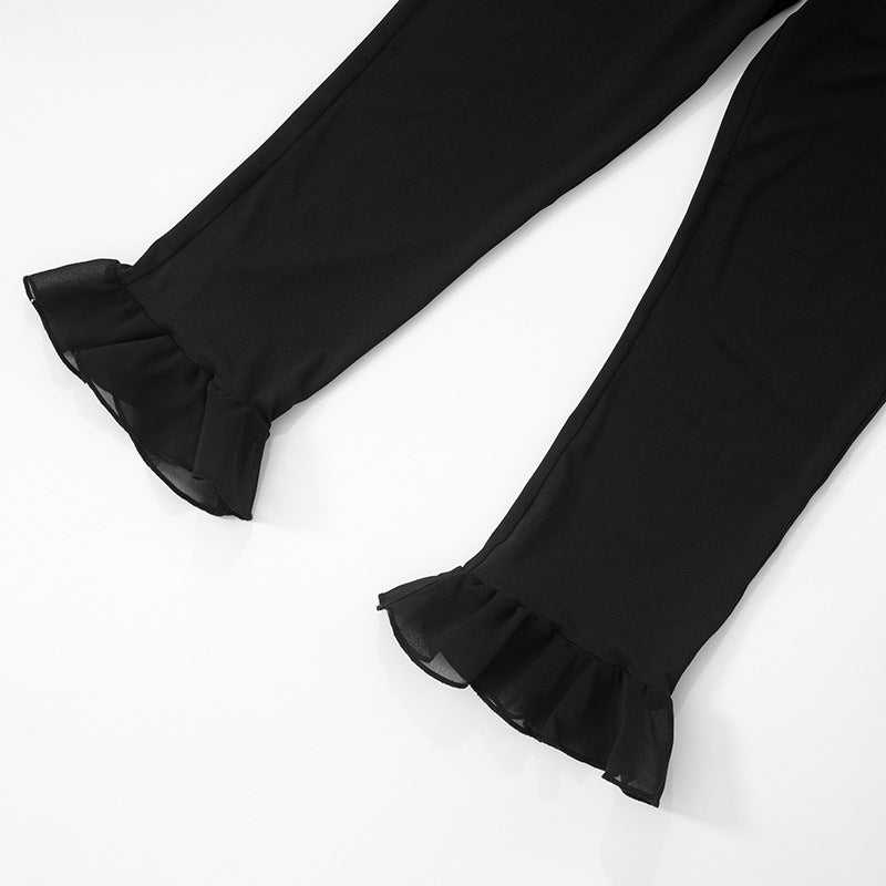 Women's Spring and Summer Ruffled V Waist Solid Color Elastic 7-point Casual Pants 41