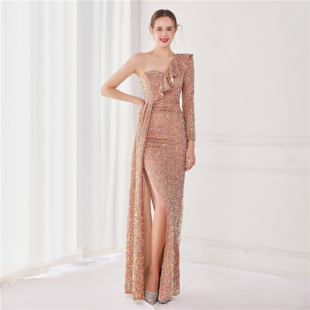 Winter Elegant Sequins Ruffled One Shoulder Long Sleeve Slit Formal Party Evening Dress 6