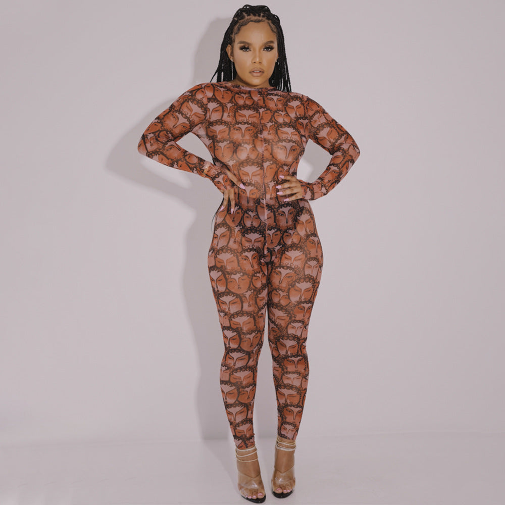 Women Printed Sexy See-Through Jumpsuit