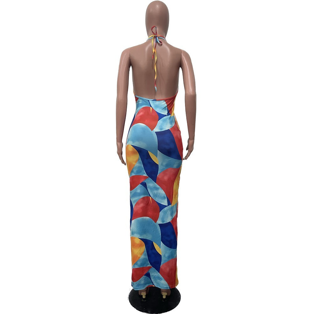 Women's Fashion Digital Print Halter Neck Maxi Dress 6