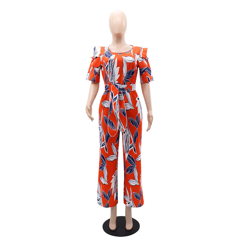 Women Printed Patchwork Irregular Short Sleeve Tie Jumpsuit 9