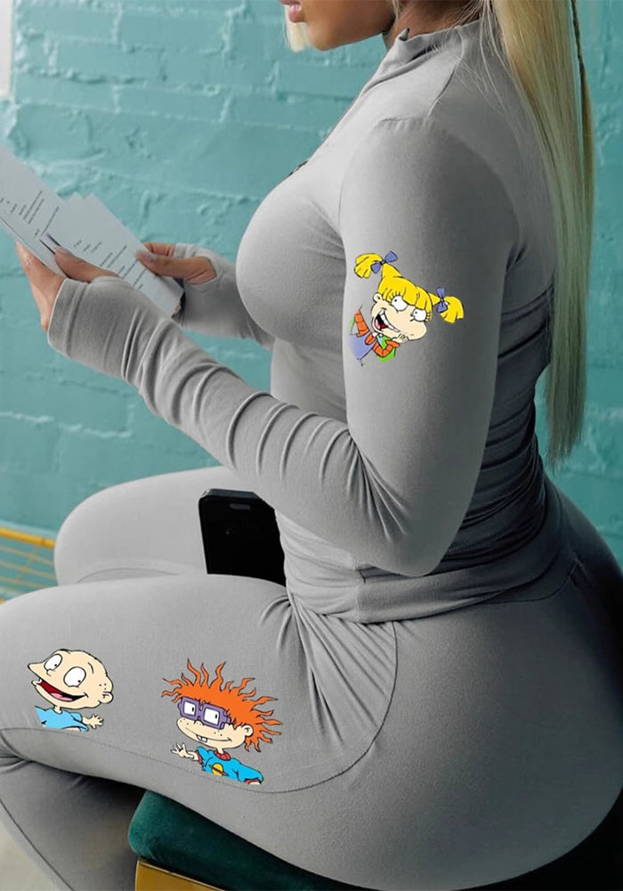 Women print zipper top and pants yoga two-piece set