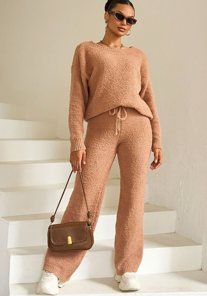 Autumn Winter Solid Color Women's Round Neck Long Sleeve Fleece Top Trousers Two Piece Set