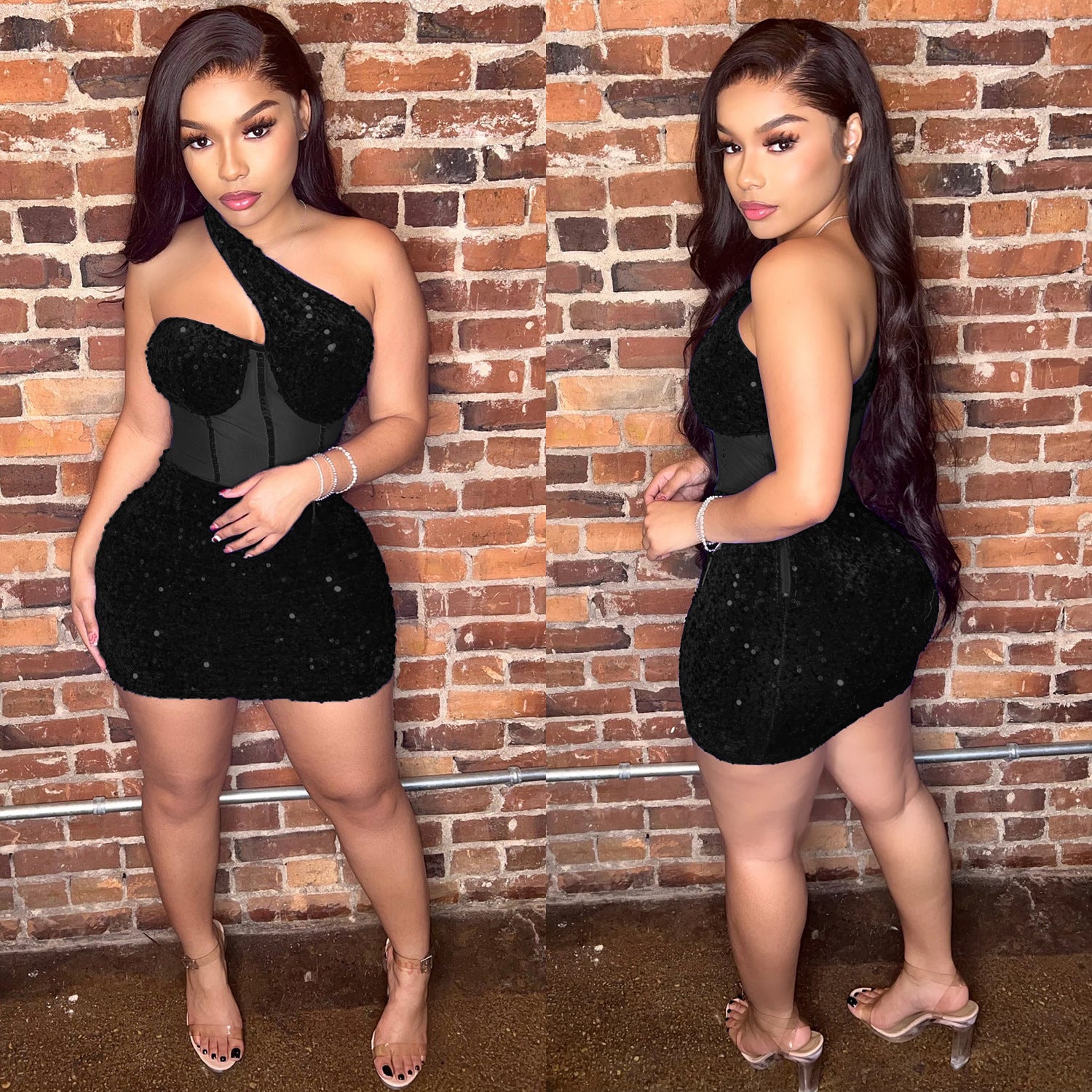 Summer Women's Fashion Sexy Mesh Sequin Slash Shoulder Club Dress 8