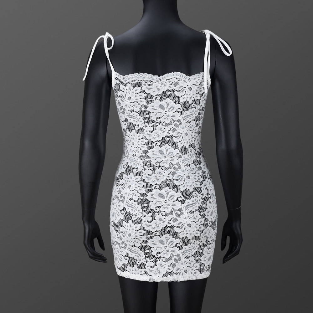 Women's See-Through slim Lace-Up Strap flower lace Bodycon dress 8
