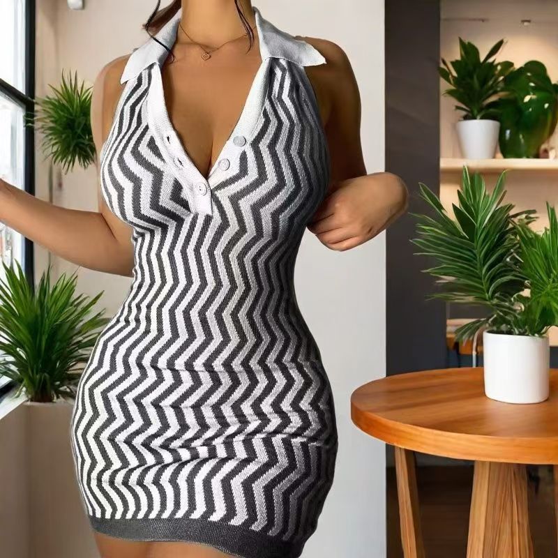 Turndown Collar Halter Neck Low-Back Summer Bodycon Dress 5