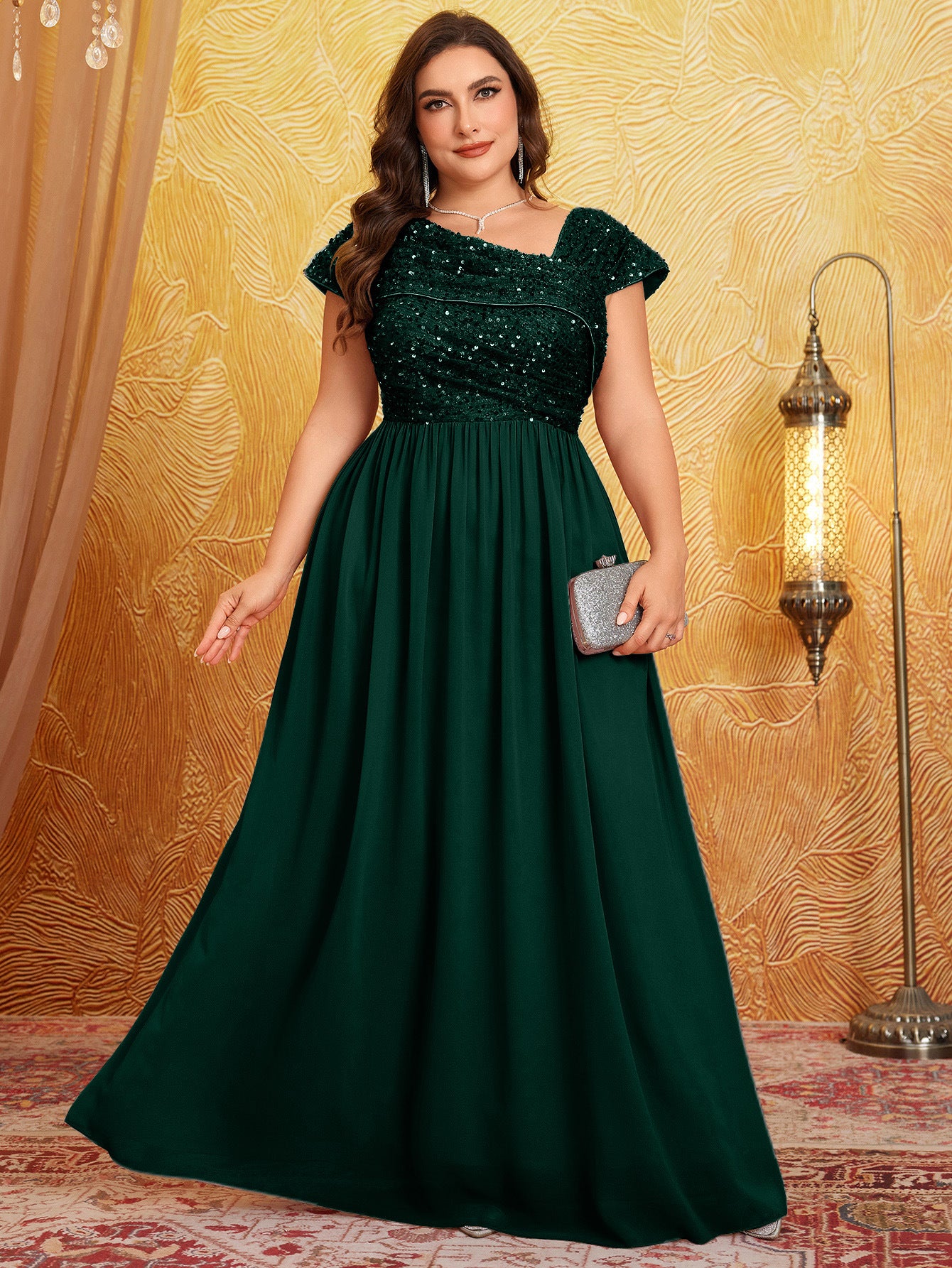 Women V Neck Pleated and Elegant Sequin Patchwork Chiffon Dress 5