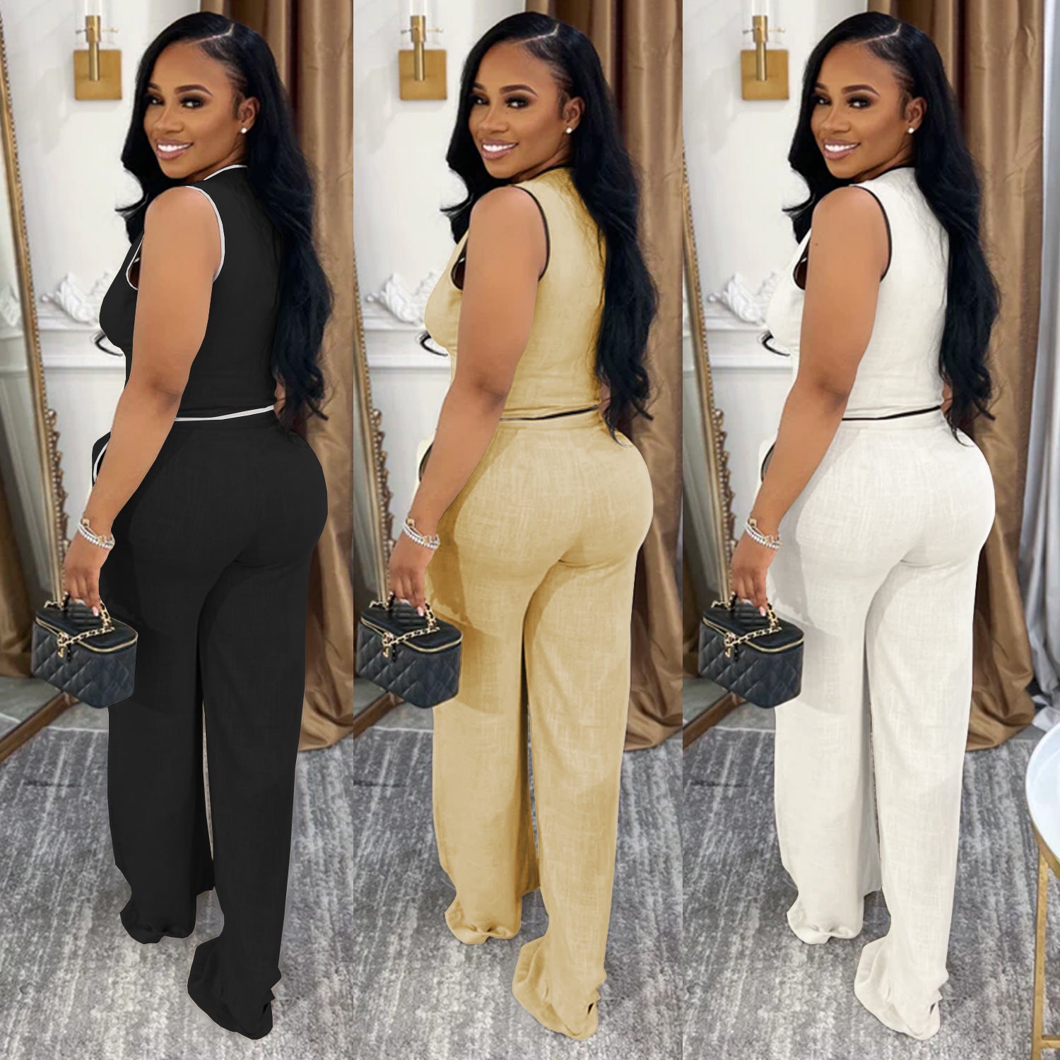 Women casual v-neck button top and trousers two-piece suit