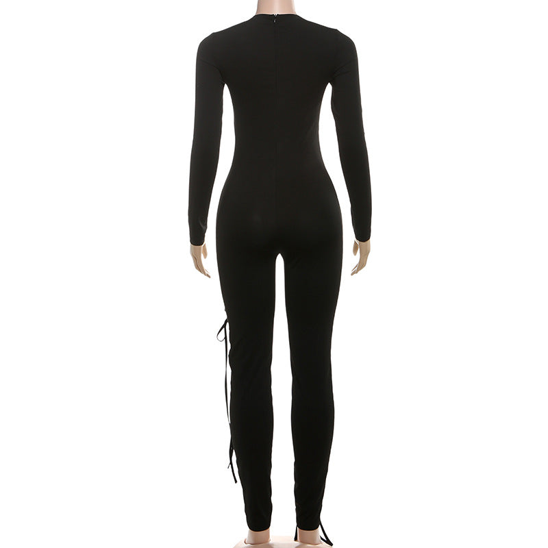Women Fall/Winter Long-Sleeved Sexy Cutout Lace-Up Jumpsuit 7