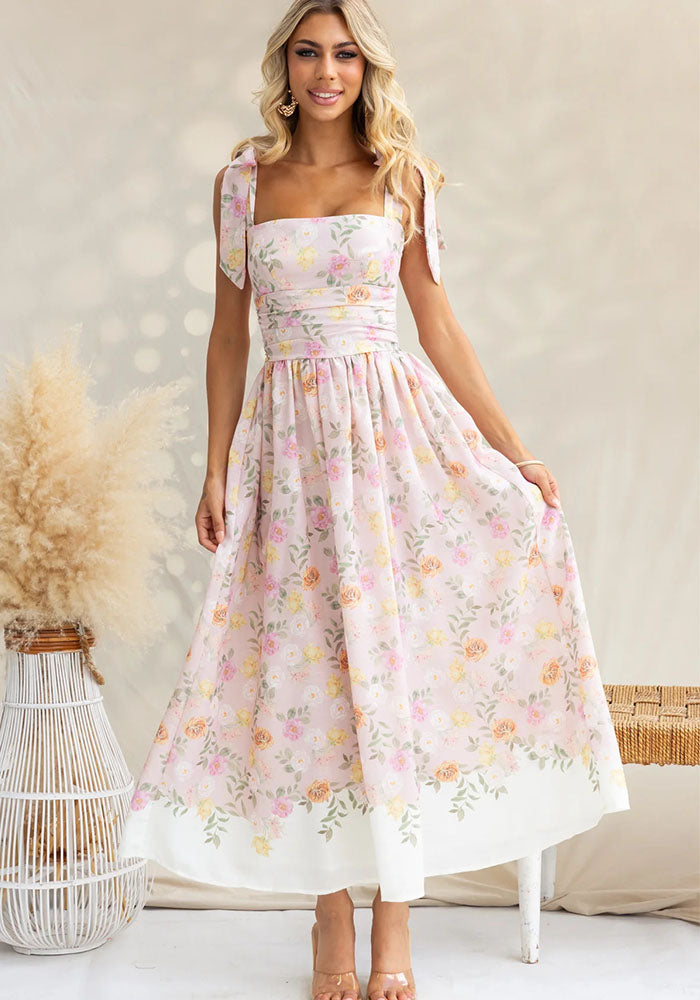 Floral Slim Waist Strap Dress Summer Holiday Long Gown