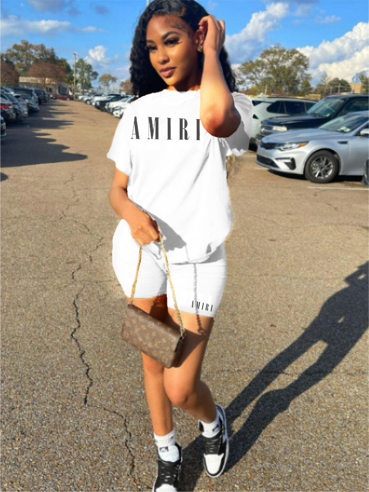 Women's Printed Round Neck Short Sleeve Shorts Two-Piece Set 4