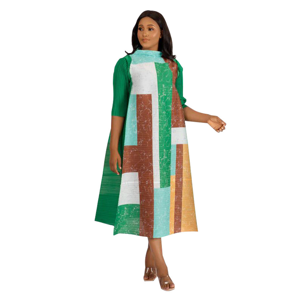 Ladies Round Neck Print Pleated Dress 6