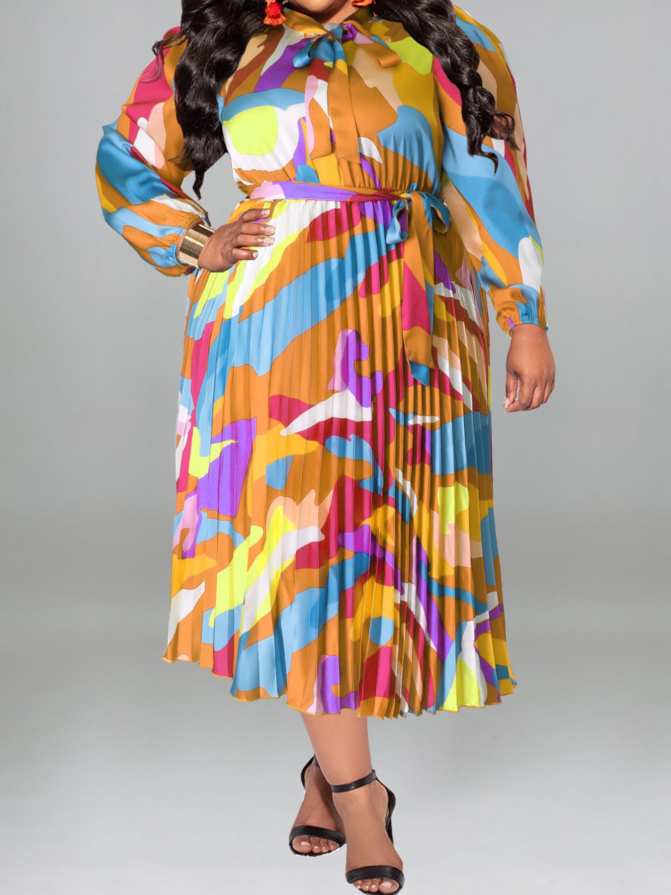 Plus Size Fall Women's Pleated Long Sleeve Dress 4