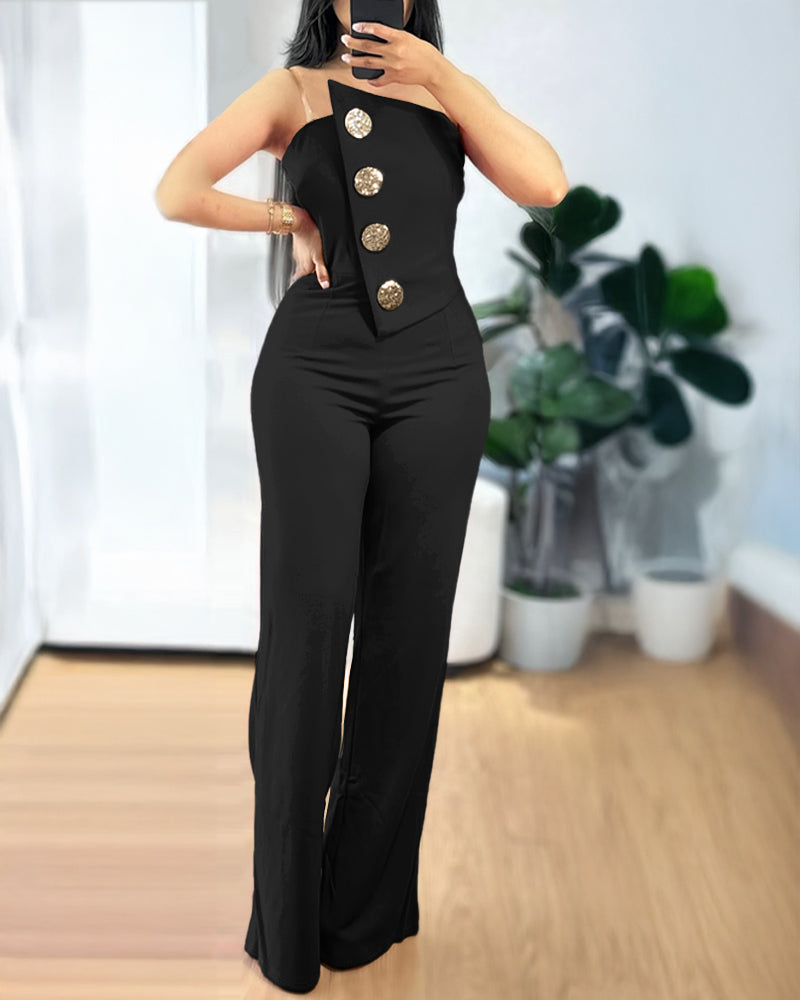Fashionable women's solid color strapless button jumpsuit 3