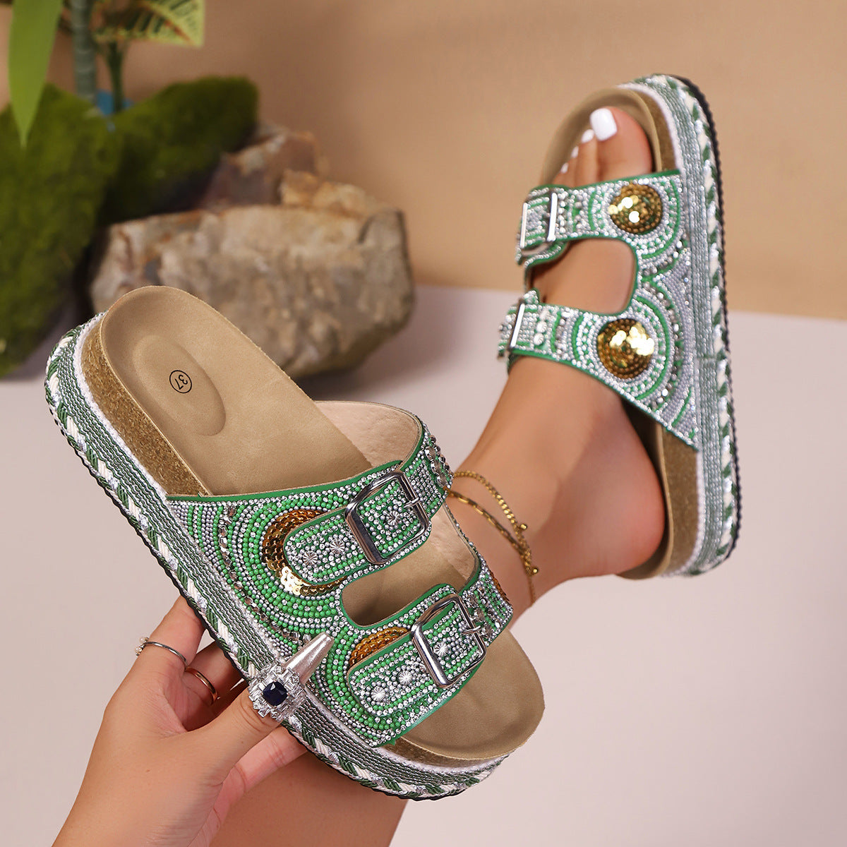 Summer Plus Size Rhinestone Boho Platform Sandals Outdoor Beach Style 4