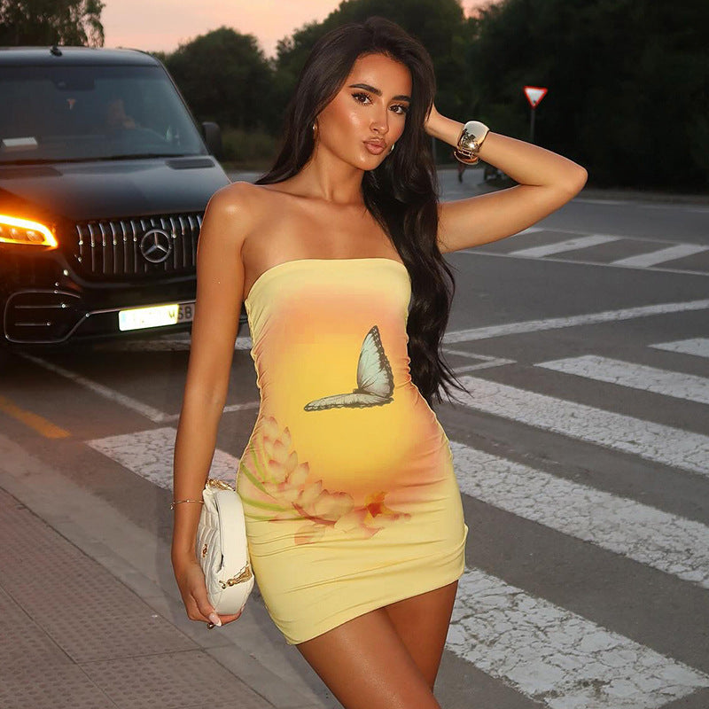 Women Sexy Holidays Butterfly Print Contrast Strapless Bodycon Dress
