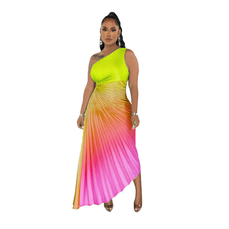 Women's Fashion Gradient Printed One Shoulder Pleated Maxi Dress 9