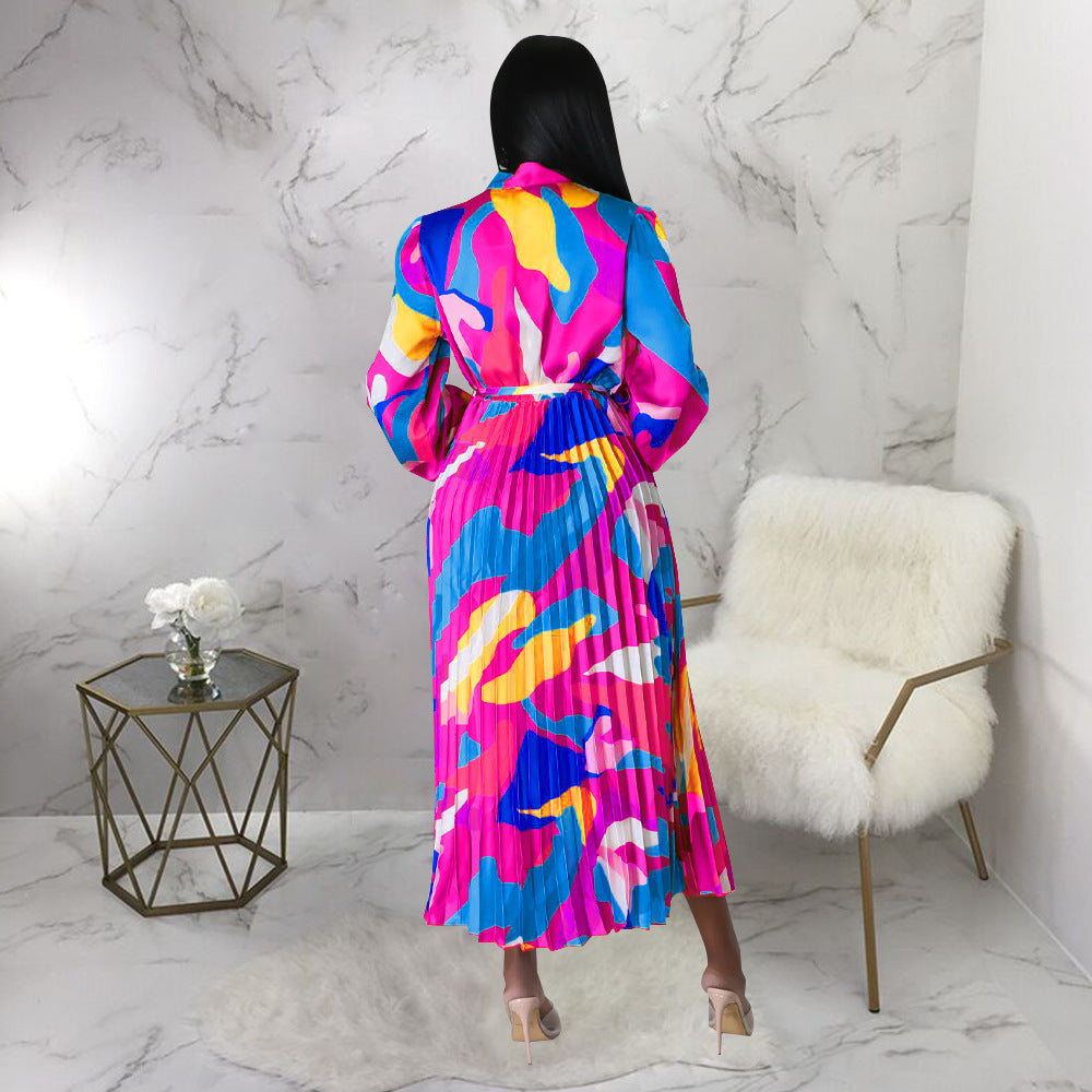 Women's Tie Long Sleeve Printed Pleated Dress 33