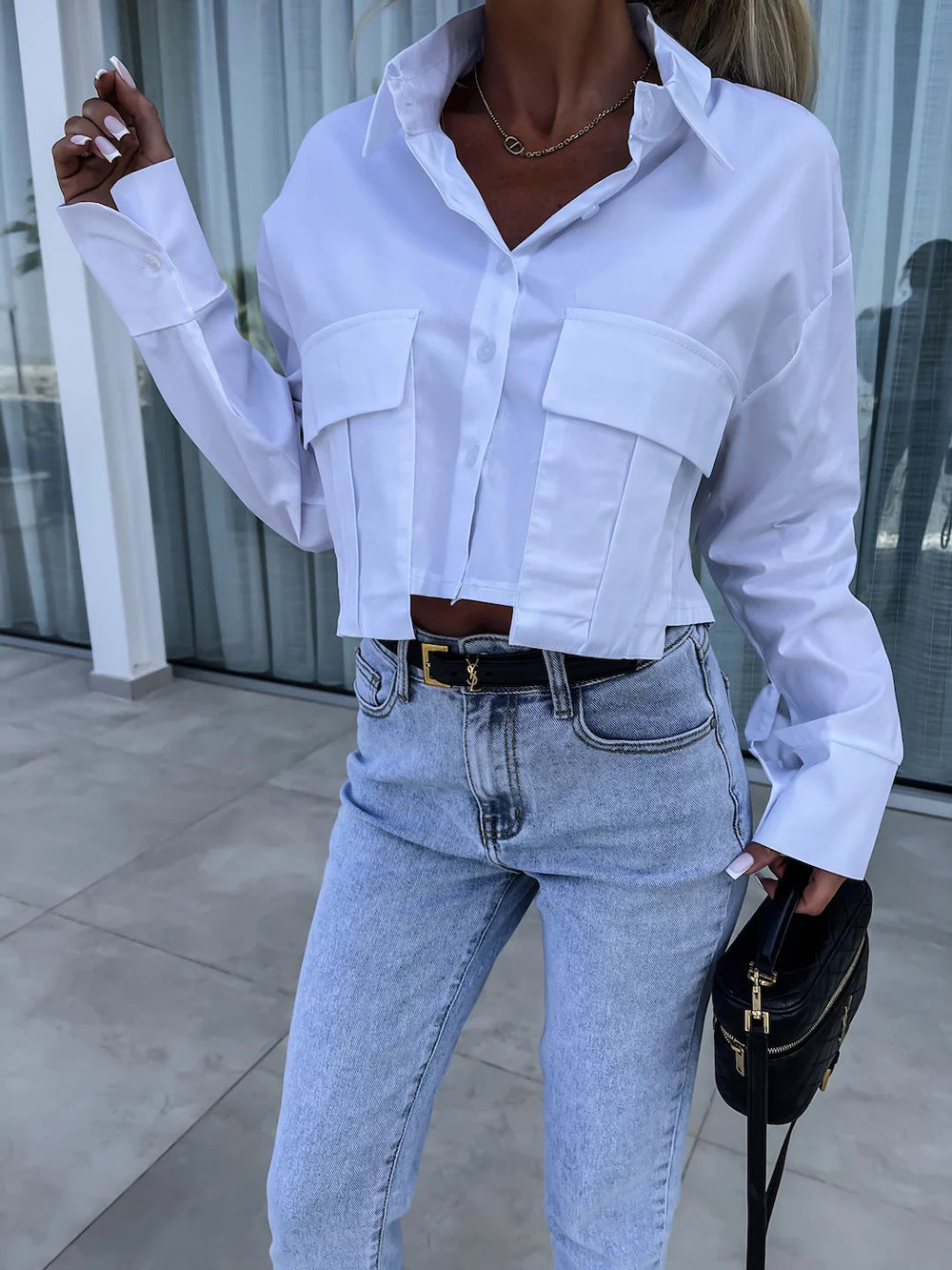 Spring Autumn Women's Fashion Solid Color Long Sleeve Chic Casual Shirt 5