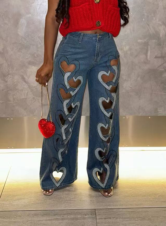 Women Stretchy Hollow Embroidery Heart Print Denim Pants