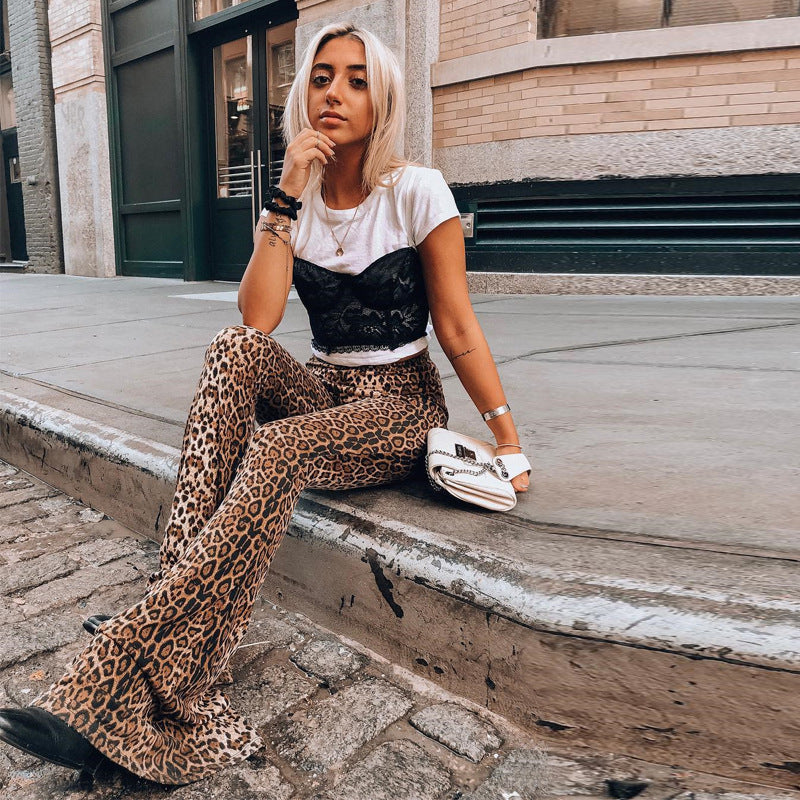 Women Spring Leopard Print Basic Bell Bottom Pants