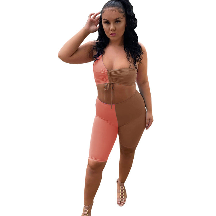 Contrast Color One Shoulder Two Piece Shorts Set 4
