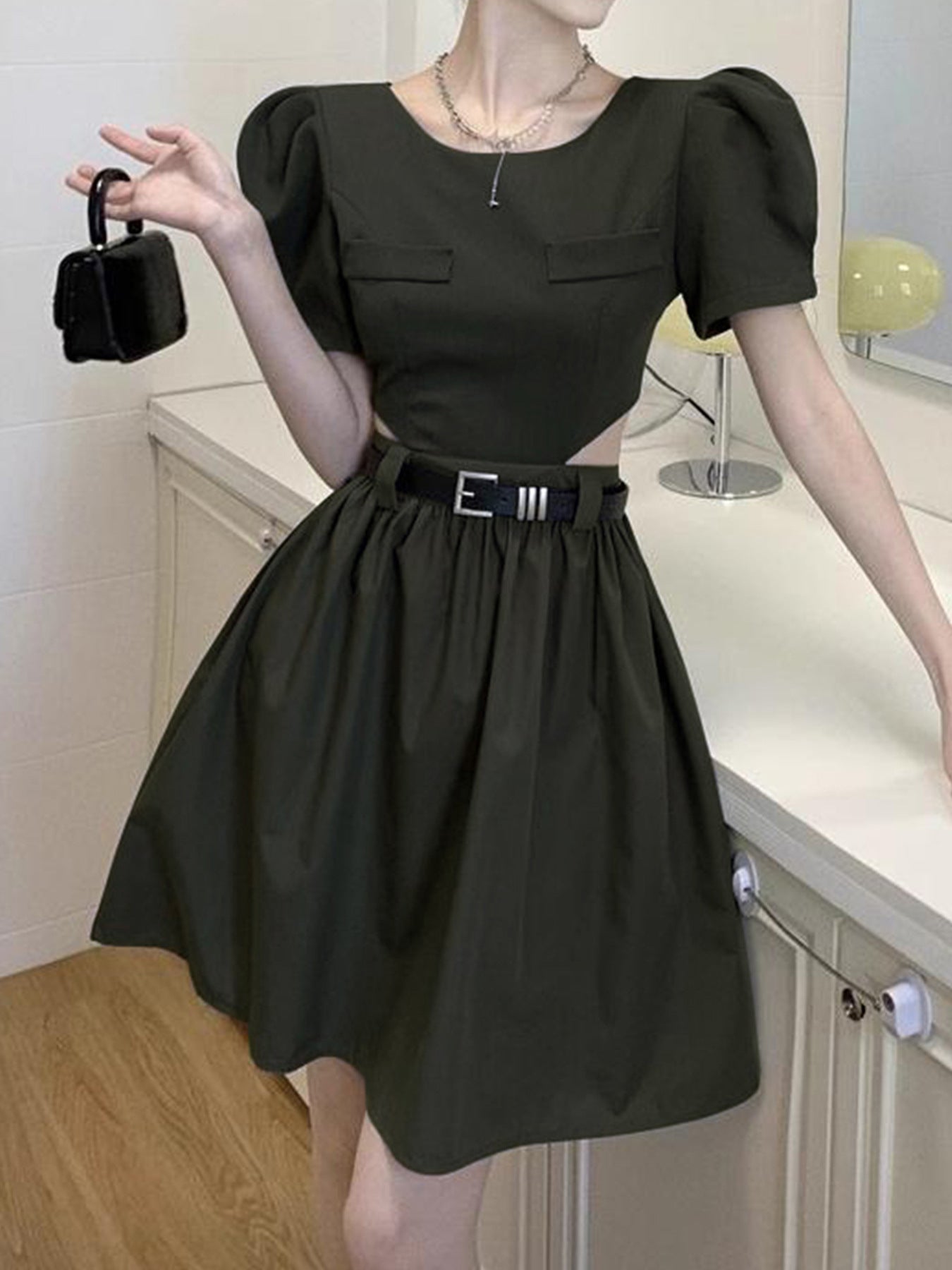 Summer Short Sleeve Hollow Slim Open Waist Slim Fit Dress 4