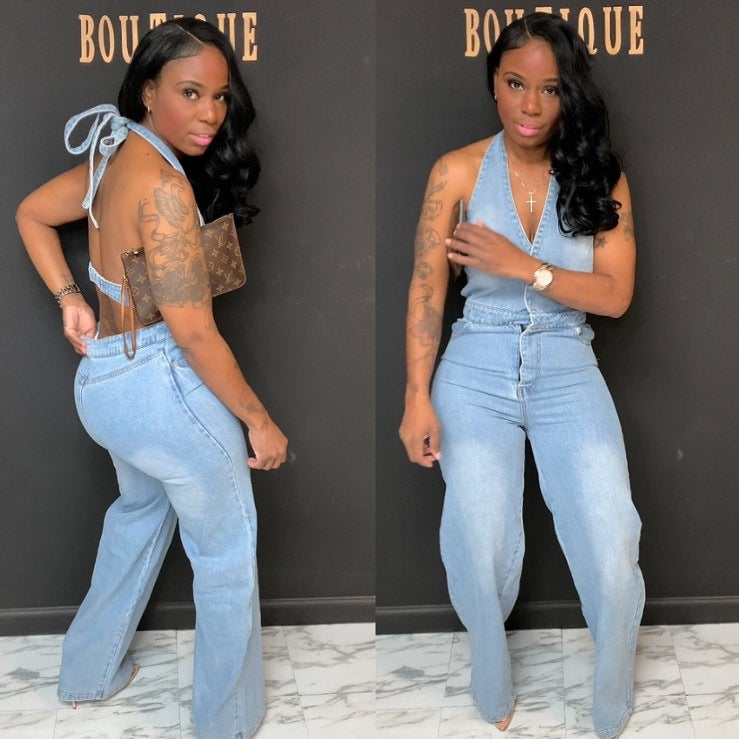 Women's Halter Neck One-Piece Overall Denim Pants