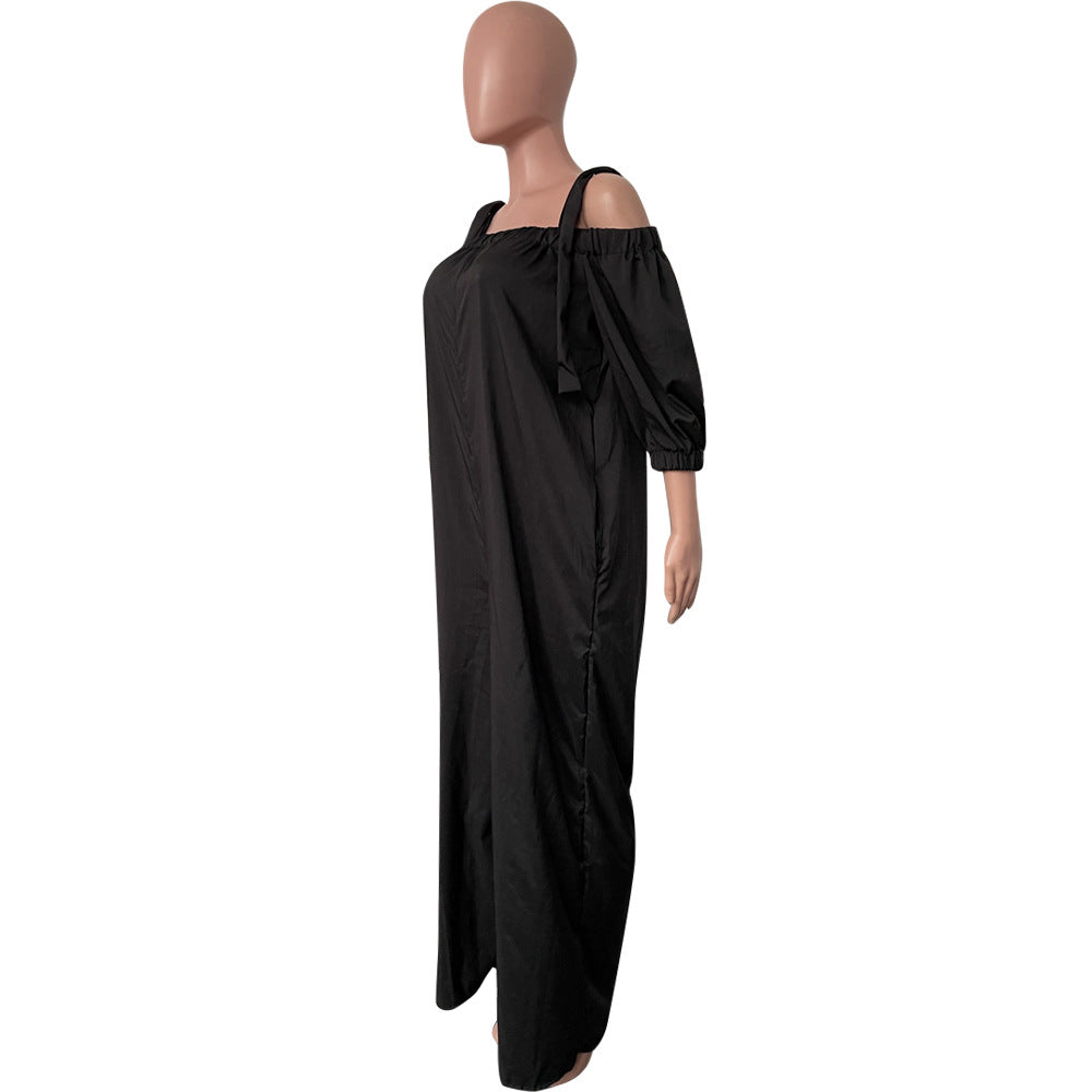 Women Casual Off Shoulder Lantern Sleeve Suspender Loose Wide Leg Jumpsuit 10
