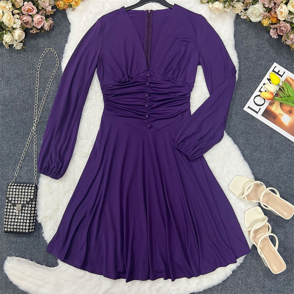 Slim Fit Chic V Neck Long Sleeves Slim Waist A-Line Midi Dress Women's Summer Dress 15