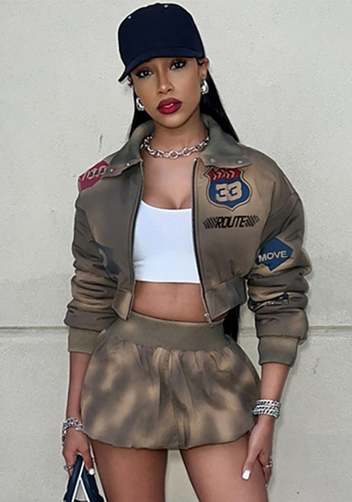 Autumn Women's Print Long-Sleeved Top Bodycon Short Skirt Two Piece Set