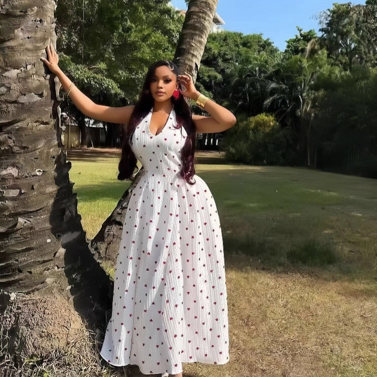 Polka Dot V-Neck Low-Back Lace-Up Halter Maxi Dress