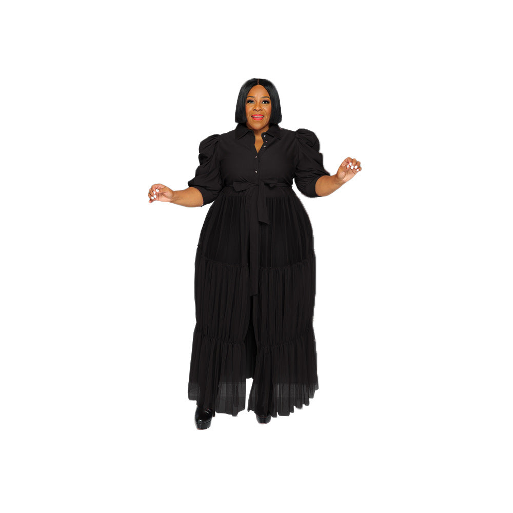 See-Through Mesh Cake Dress Plus Size Belted Breathable Short Sleeve Dress 8