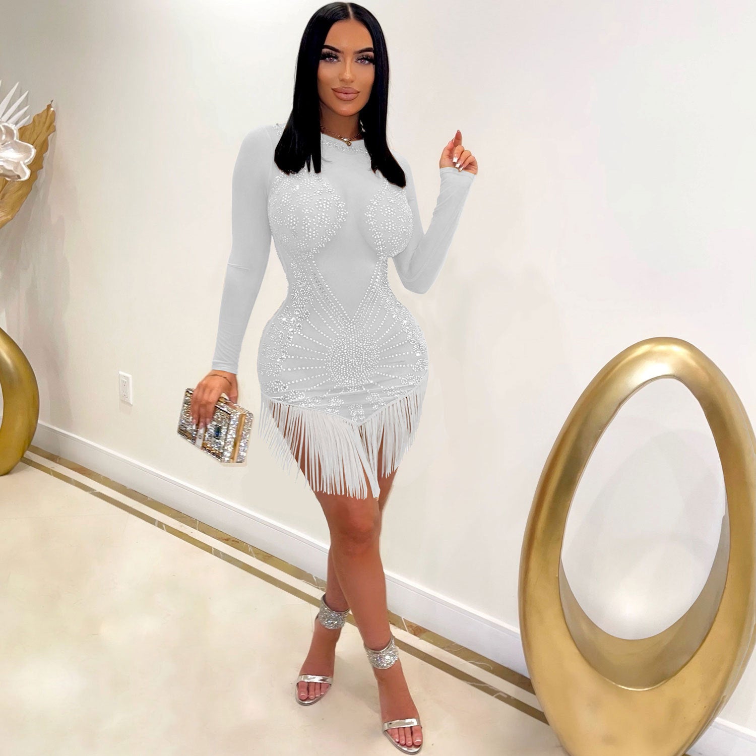 Women Sexy Long Sleeve Rhinestone Fringe Bodycon Dress 8