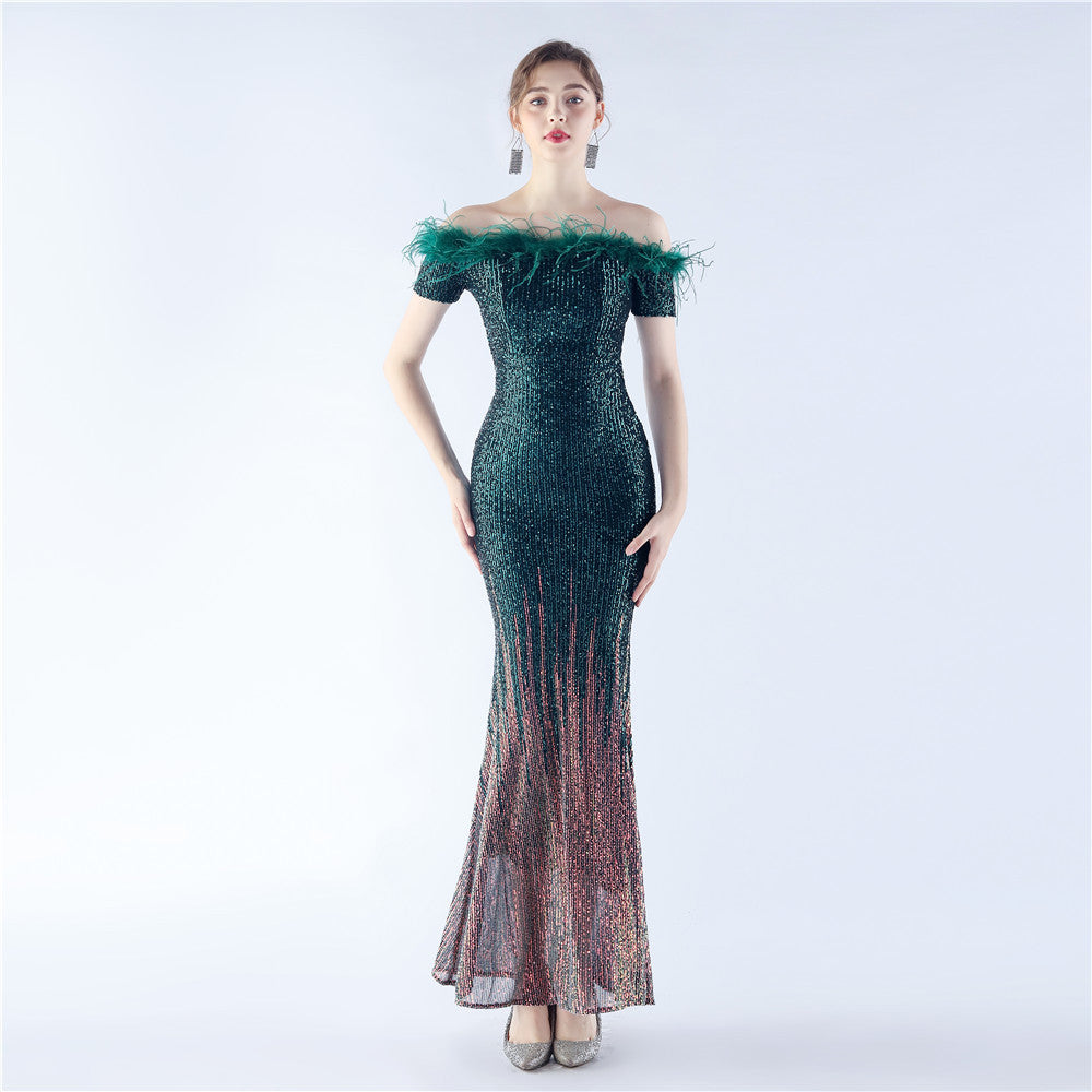 Women craft ostrich feather gradient sequins Off Shoulder evening dress 10