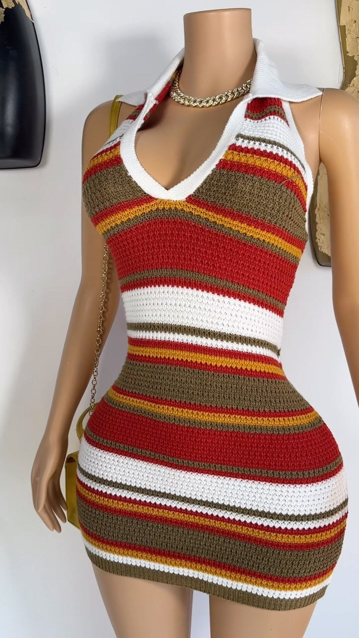 Women Striped Print Sleeveless Mini Dress