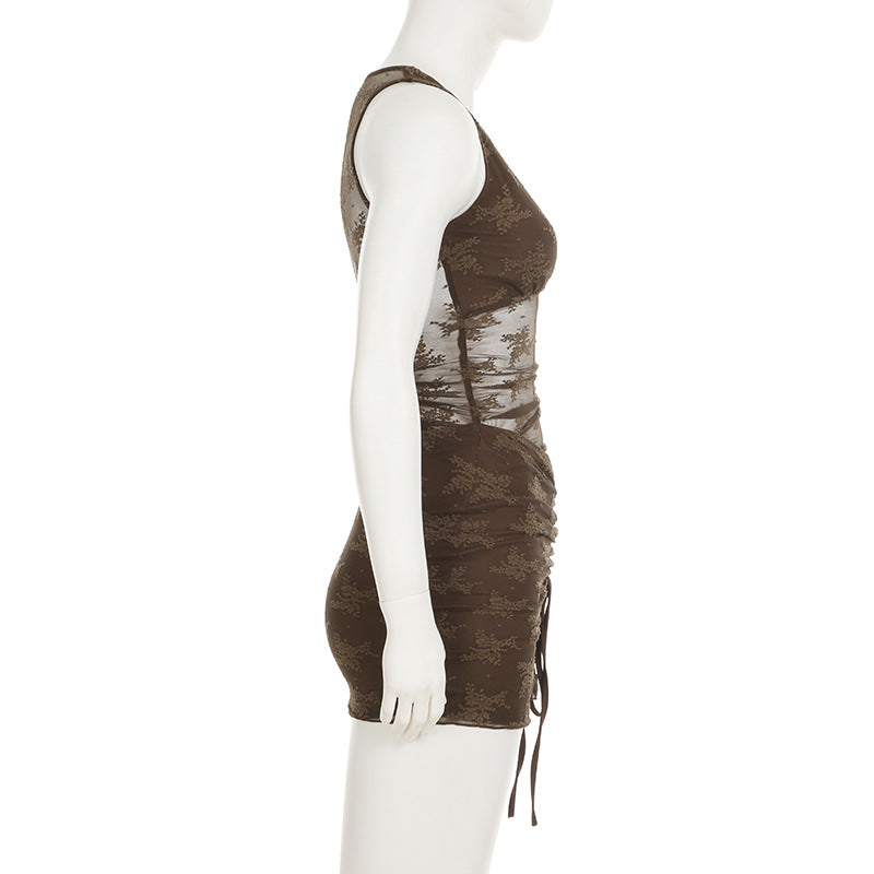 Summer Lace Patchwork See-Through Hollow Pleated Sleeveless Bodycon Dress 9