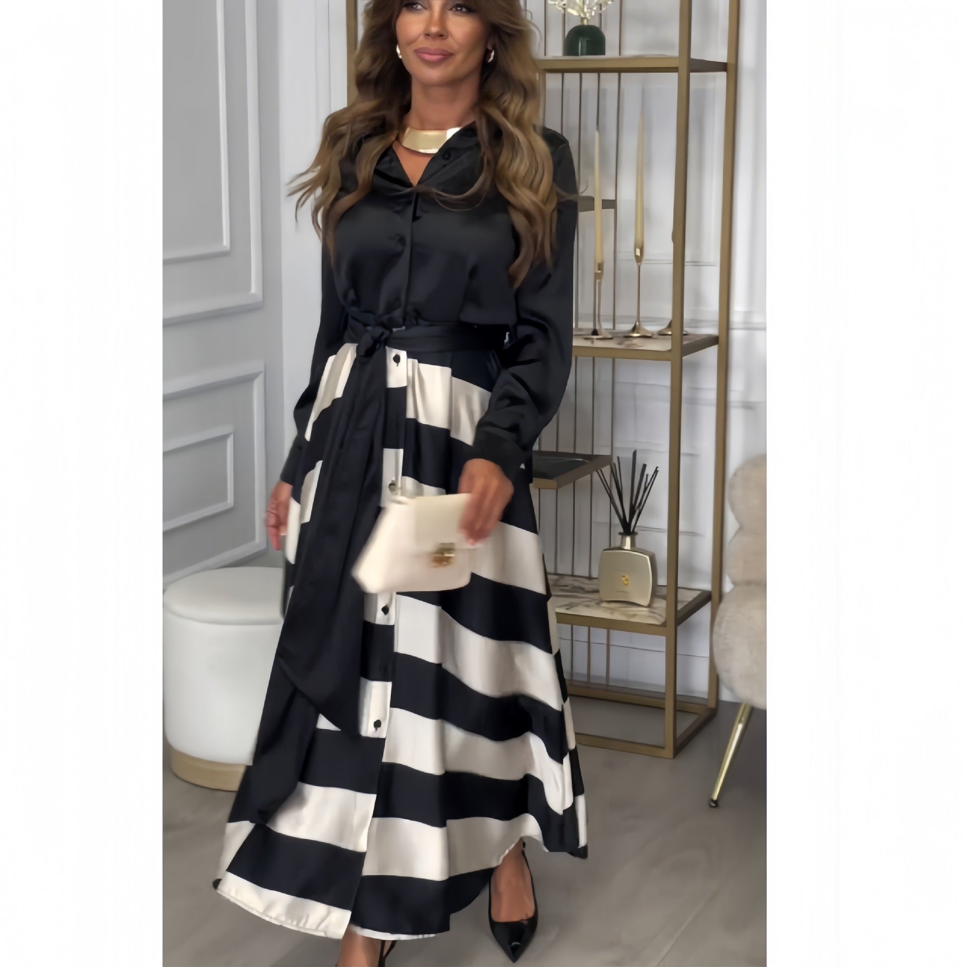 Women Autumn Fake Two-piece Long-sleeved Shirt Lace-up Striped Dress 5