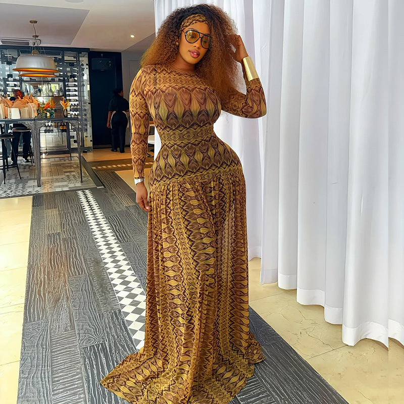 Elegant Women's Slim Waist Semi-Sheer Printed Round Neck Long Sleeve A-Line Dress 5