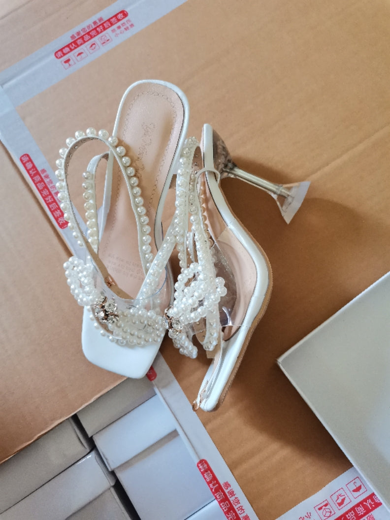 Plus Size Women's Shoes Square Toe Wine Glass Heel Pearl Rhinestone Bow High Heel Sandals 12