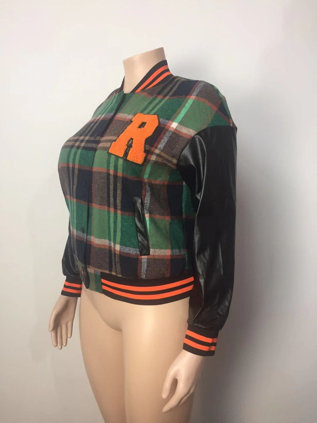 Fall Winter Plus Size Women's Casual Embroidered Ribbed Pu Patchwork Baseball Jacket 10