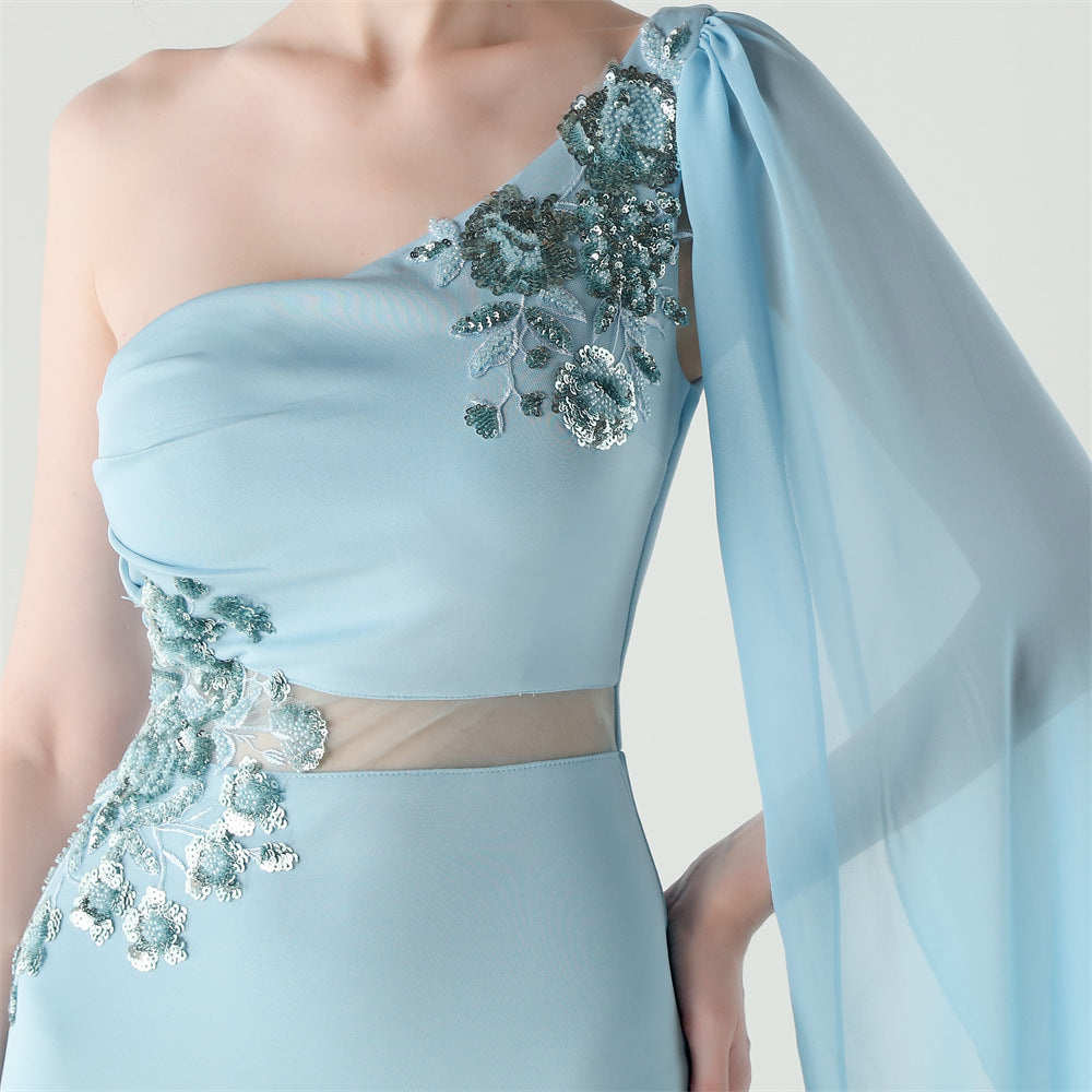 Women Tulle Shawl Beaded Tube Embroidery One Shoulder Evening Dress 28