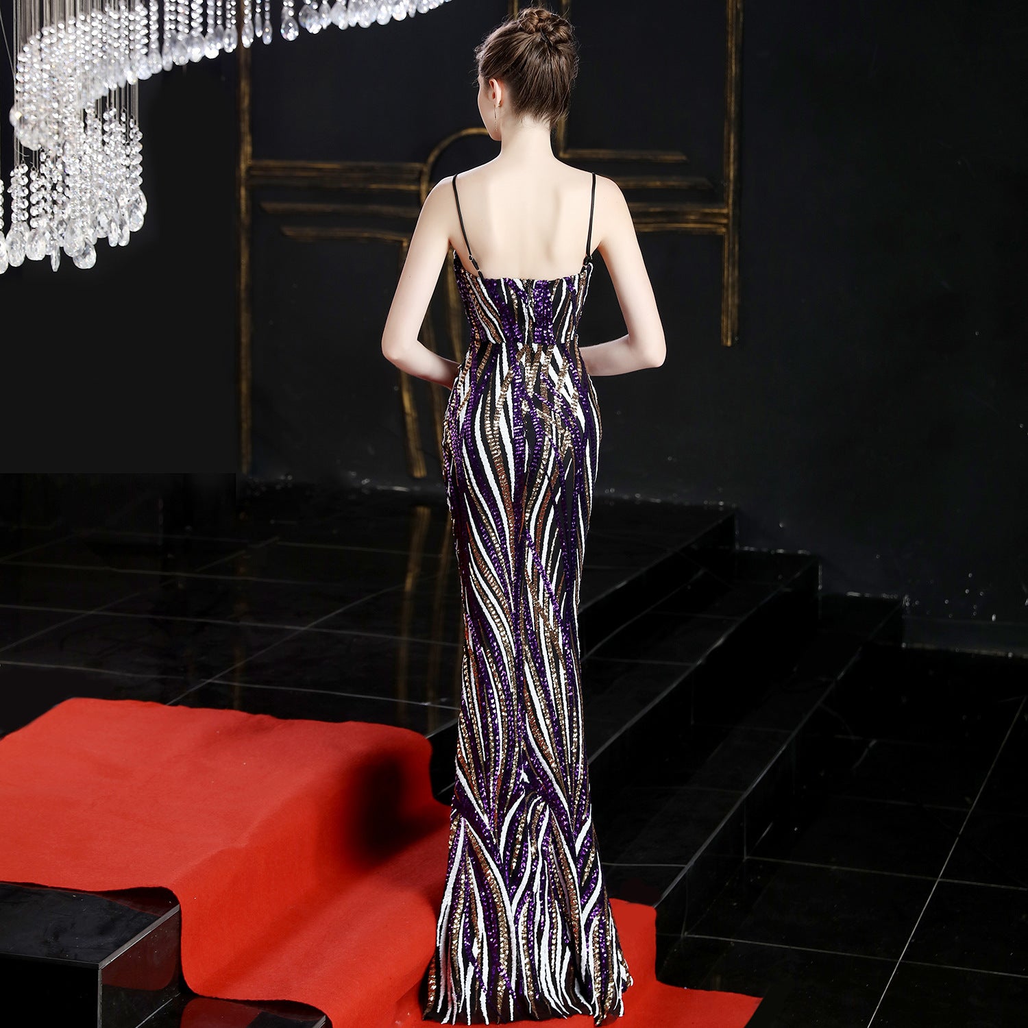 High end sequin stripe color slim fitting dinner party annual meeting suspender long dress 9