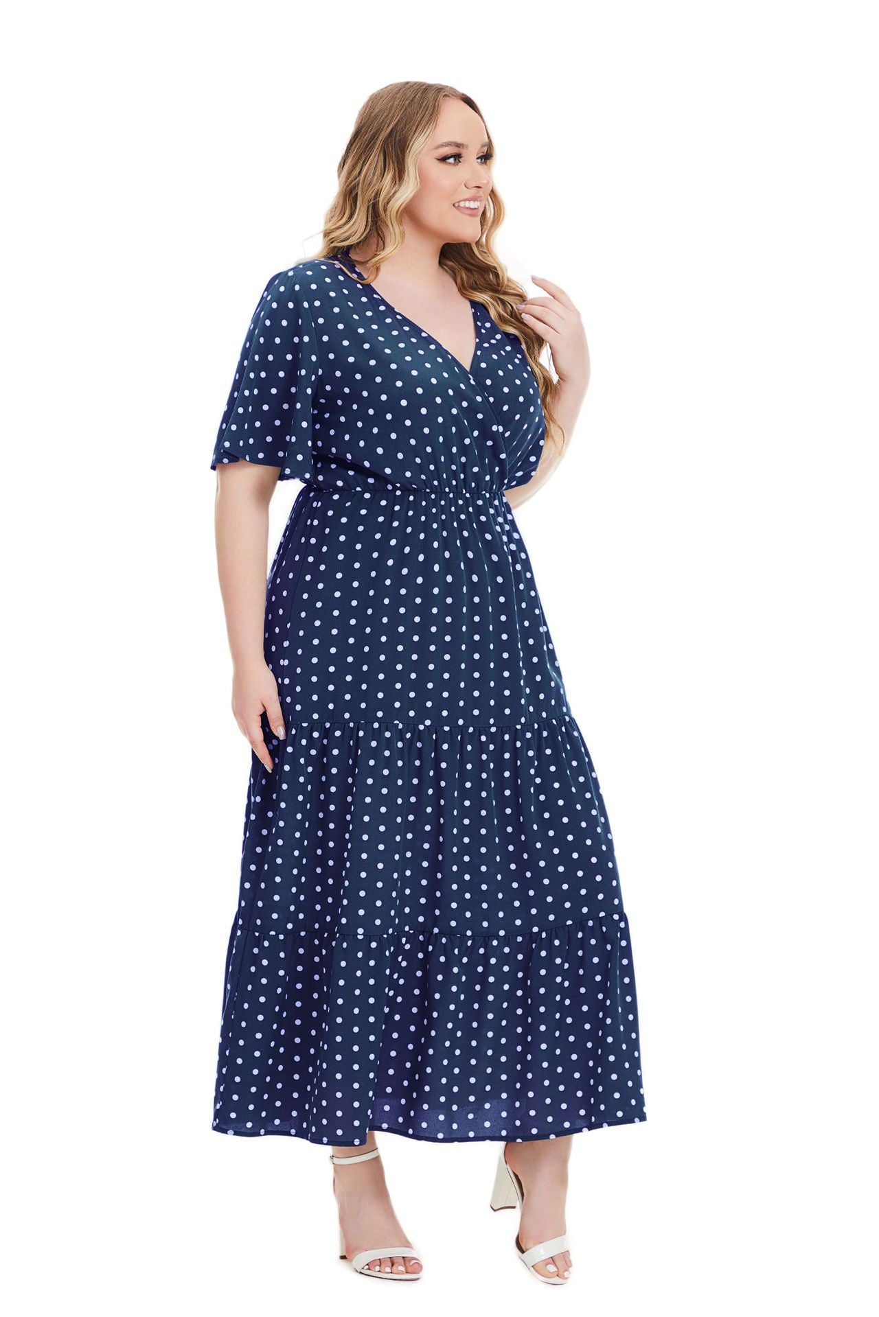 Plus Size Women Summer V Neck Polka Dot Short Sleeve Dress 11