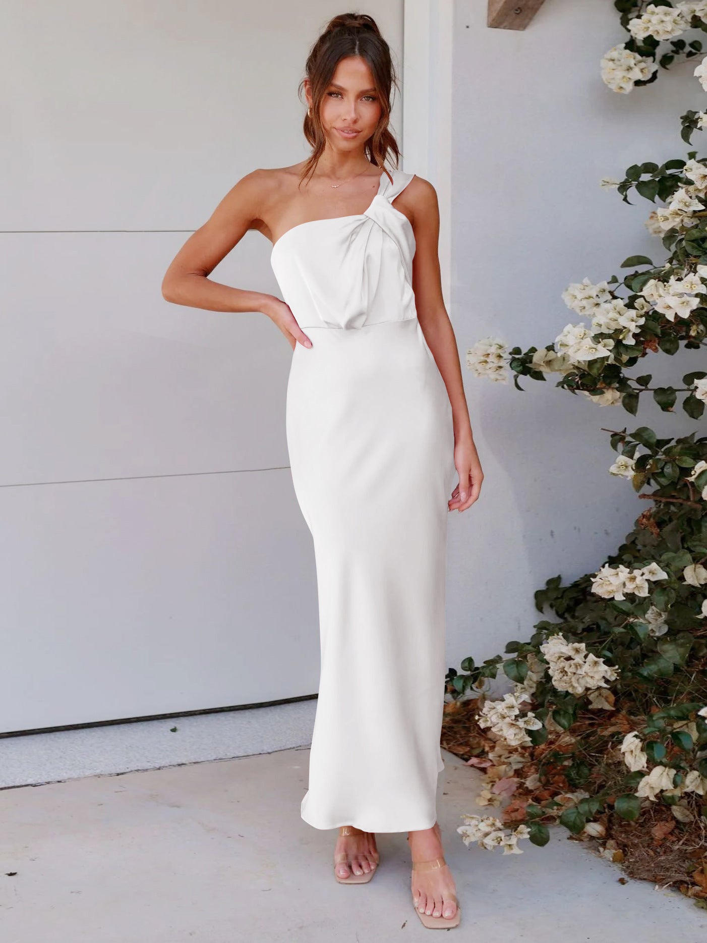 Women's sleeveless one-shoulder long dress satin Formal Party fishtail evening dress 3