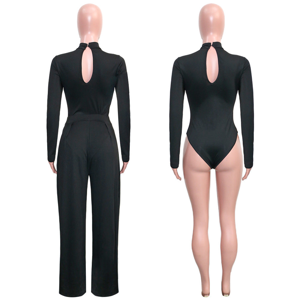 Women'S Fashion Solid Color Long Sleeve Top Wide Leg Pants Two Piece Set 16